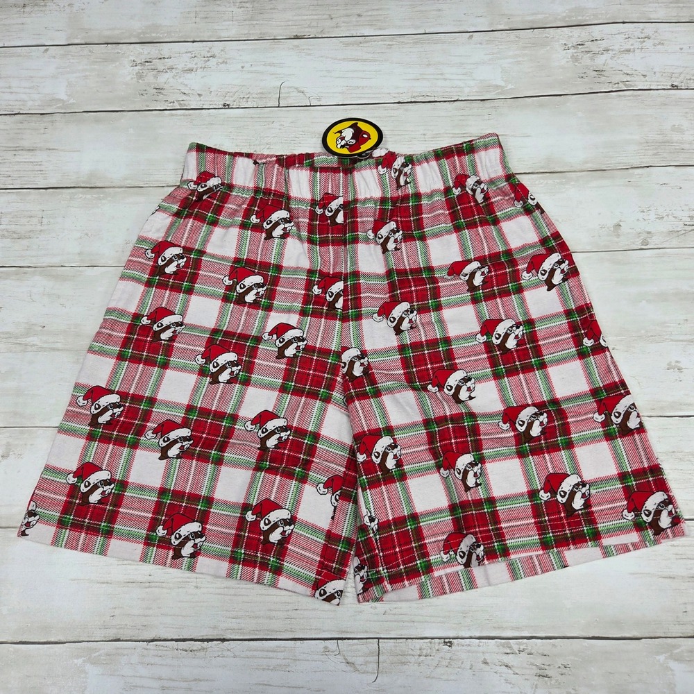 Buc-ee's Pajama Shorts Unisex Small Red Christmas Plaid Flannel Santa Beaver